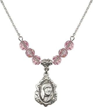 18" Rhodium Plated Necklace with 4mm Light Rose Crystal Beads featuring a Sterling Silver Saint Teresa of Calcutta Medal.
