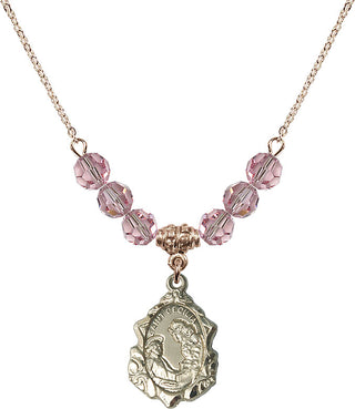 18" Hamilton Gold Plated Necklace with 4mm Light Rose Crystal Beads featuring a 14kt Gold Filled Saint Cecilia Medal. Engraved Catholic Saint Jewelry