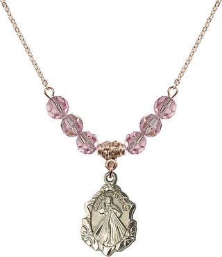 18" Hamilton Gold Plated Necklace with 4mm Light Rose Crystal Beads featuring a 14kt Gold Filled Divine Mercy Medal. Engraved Catholic Saint Jewelry
