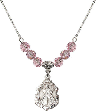 18" Rhodium Plated Necklace with 4mm Light Rose Crystal Beads featuring a Sterling Silver Divine Mercy Medal. Engraved Catholic Saint Jewelry
