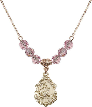 18" Hamilton Gold Plated Necklace with 4mm Light Rose Crystal Beads featuring a 14kt Gold Filled Saint Gerard Medal. Engraved Catholic Saint Jewelry