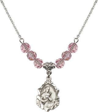 18" Rhodium Plated Necklace with 4mm Light Rose Crystal Beads featuring a Sterling Silver Saint Gerard Medal. Engraved Catholic Saint Jewelry