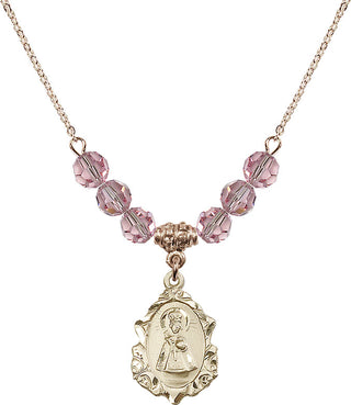 18" Hamilton Gold Plated Necklace with 4mm Light Rose Crystal Beads featuring a 14kt Gold Filled Infant of Prague Medal. Engraved Catholic Saint Jewelry