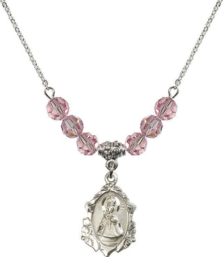 18" Rhodium Plated Necklace with 4mm Light Rose Crystal Beads featuring a Sterling Silver Infant of Prague Medal. Engraved Catholic Saint Jewelry