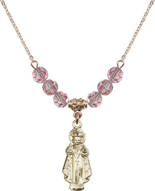 18" Hamilton Gold Plated Necklace with 4mm Light Rose Crystal Beads featuring a 14kt Gold Filled Infant of Prague Medal.
