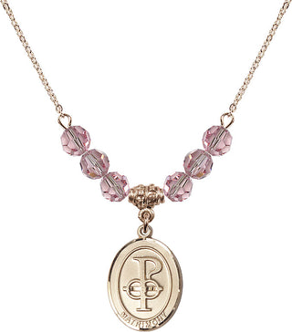 18" Hamilton Gold Plated Necklace with 4mm Light Rose Crystal Beads featuring a 14kt Gold Filled Matrimony Medal.