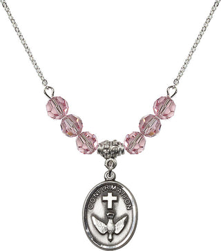 18" Rhodium Plated Necklace with 4mm Light Rose Crystal Beads featuring a Sterling Silver Confirmation Medal.