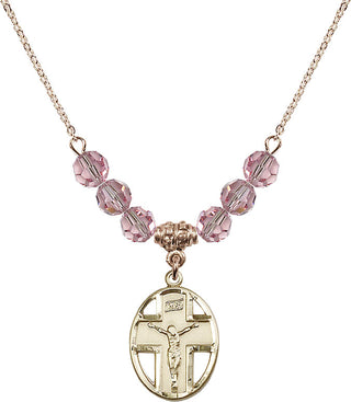 18" Hamilton Gold Plated Necklace with 4mm Light Rose Crystal Beads featuring a 14kt Gold Filled Crucifix Medal.