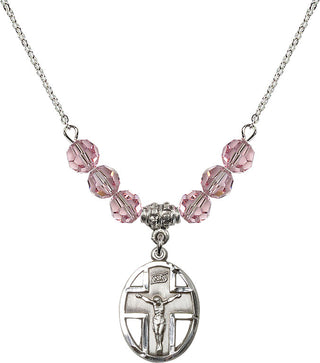 18" Rhodium Plated Necklace with 4mm Light Rose Crystal Beads featuring a Sterling Silver Crucifix Medal.