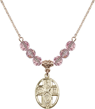 18" Hamilton Gold Plated Necklace with 4mm Light Rose Crystal Beads featuring a 14kt Gold Filled 5-Way / Holy Spirit Medal.