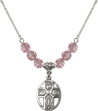 18" Rhodium Plated Necklace with 4mm Light Rose Crystal Beads featuring a Sterling Silver 5-Way / Holy Spirit Medal.