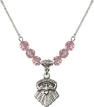 18" Rhodium Plated Necklace with 4mm Light Rose Crystal Beads featuring a Sterling Silver Seven Gifts Medal.