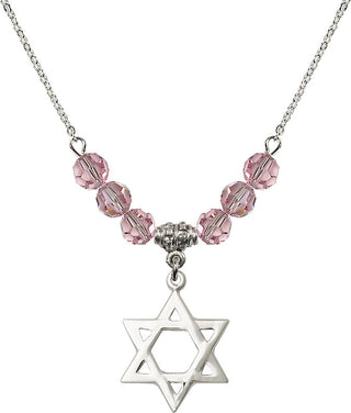 18" Rhodium Plated Necklace with 4mm Light Rose Crystal Beads featuring a Sterling Silver Star of David Medal.