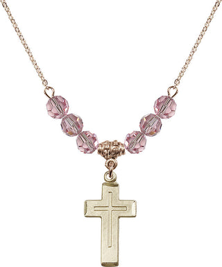 18" Hamilton Gold Plated Necklace with 4mm Light Rose Crystal Beads featuring a 14kt Gold Filled Cross Medal.