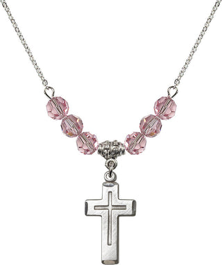 18" Rhodium Plated Necklace with 4mm Light Rose Crystal Beads featuring a Sterling Silver Cross Medal.