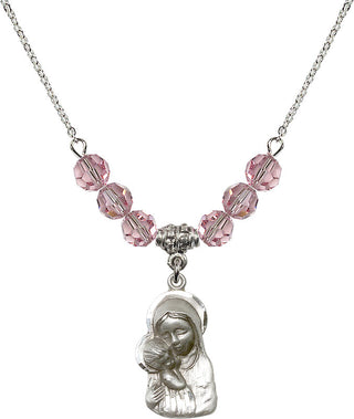 18" Rhodium Plated Necklace with 4mm Light Rose Crystal Beads featuring a Sterling Silver Madonna & Child Medal.