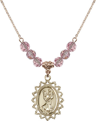 18" Hamilton Gold Plated Necklace with 4mm Light Rose Crystal Beads featuring a 14kt Gold Filled Saint Christopher Medal.