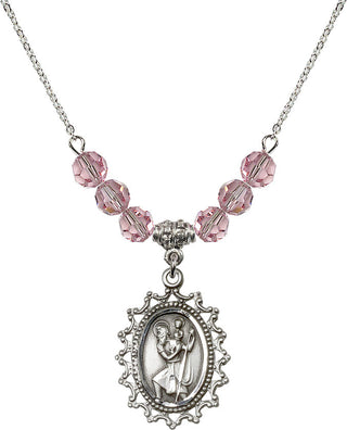 18" Rhodium Plated Necklace with 4mm Light Rose Crystal Beads featuring a Sterling Silver Saint Christopher Medal.