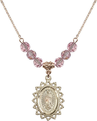 18" Hamilton Gold Plated Necklace with 4mm Light Rose Crystal Beads featuring a 14kt Gold Filled Our Lady of Guadalupe Medal.
