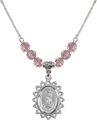 18" Rhodium Plated Necklace with 4mm Light Rose Crystal Beads featuring a Sterling Silver Our Lady of Guadalupe Medal.