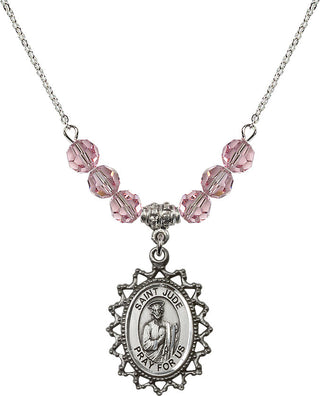 18" Rhodium Plated Necklace with 4mm Light Rose Crystal Beads featuring a Sterling Silver Saint Jude Medal.