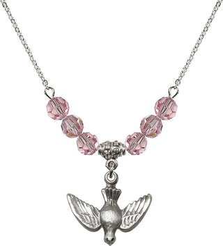 18" Rhodium Plated Necklace with 4mm Light Rose Crystal Beads featuring a Sterling Silver Holy Spirit Medal.