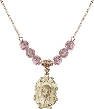 18" Hamilton Gold Plated Necklace with 4mm Light Rose Crystal Beads featuring a 14kt Gold Filled Madonna Medal.