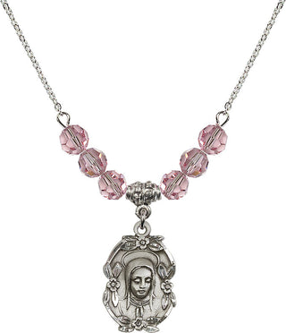 18" Rhodium Plated Necklace with 4mm Light Rose Crystal Beads featuring a Sterling Silver Madonna Medal.