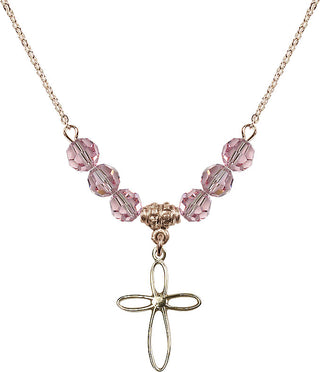 18" Hamilton Gold Plated Necklace with 4mm Light Rose Crystal Beads featuring a 14kt Gold Filled Loop Cross Medal.