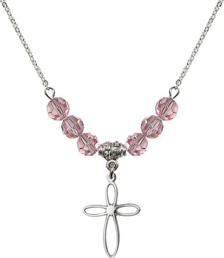 18" Rhodium Plated Necklace with 4mm Light Rose Crystal Beads featuring a Sterling Silver Loop Cross Medal.