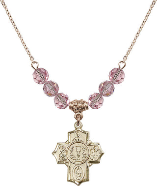 18" Hamilton Gold Plated Necklace with 4mm Light Rose Crystal Beads featuring a 14kt Gold Filled Communion/5-Way Medal.
