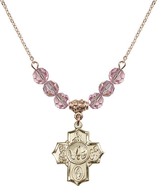 18" Hamilton Gold Plated Necklace with 4mm Light Rose Crystal Beads featuring a 14kt Gold Filled 5-Way Medal.