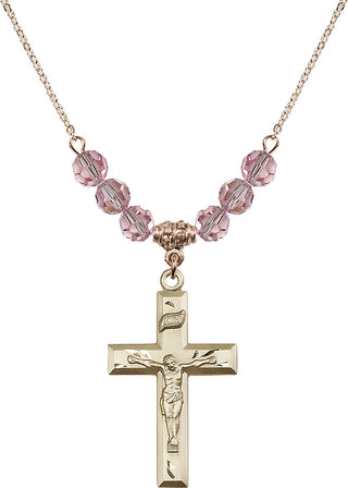 18" Hamilton Gold Plated Necklace with 4mm Light Rose Crystal Beads featuring a 14kt Gold Filled Crucifix Medal.