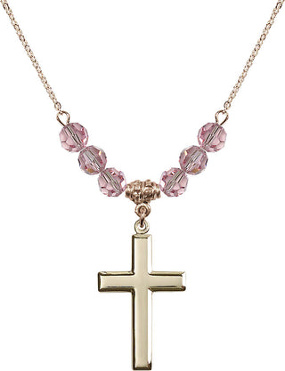 18" Hamilton Gold Plated Necklace with 4mm Light Rose Crystal Beads featuring a 14kt Gold Filled Cross Medal.