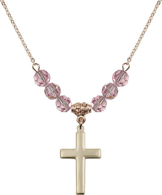18" Hamilton Gold Plated Necklace with 4mm Light Rose Crystal Beads featuring a 14kt Gold Filled Cross Medal.