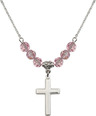 18" Rhodium Plated Necklace with 4mm Light Rose Crystal Beads featuring a Sterling Silver Cross Medal.