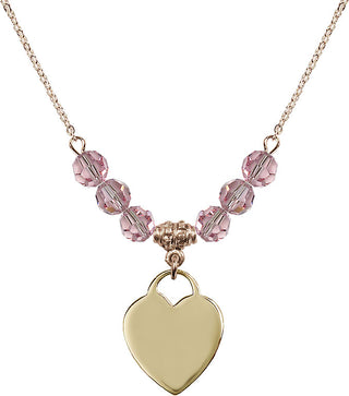 18" Hamilton Gold Plated Necklace with 4mm Light Rose Crystal Beads featuring a 14kt Gold Filled Heart Medal. Engraved Catholic Saint Jewelry