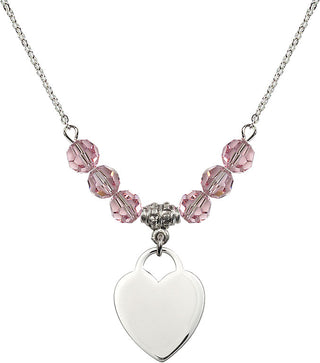 18" Rhodium Plated Necklace with 4mm Light Rose Crystal Beads featuring a Sterling Silver Heart Medal. Engraved Catholic Saint Jewelry