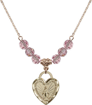 18" Hamilton Gold Plated Necklace with 4mm Light Rose Crystal Beads featuring a 14kt Gold Filled Miraculous Heart Medal. Engraved Catholic Saint Jewelry