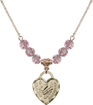 18" Hamilton Gold Plated Necklace with 4mm Light Rose Crystal Beads featuring a 14kt Gold Filled Graduation Heart Medal. Engraved Catholic Saint Jewelry