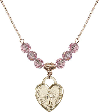 18" Hamilton Gold Plated Necklace with 4mm Light Rose Crystal Beads featuring a 14kt Gold Filled Our Lady Guadalupe Heart / Recuerdo Medal.