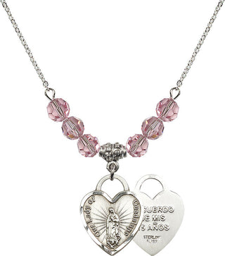 18" Rhodium Plated Necklace with 4mm Light Rose Crystal Beads featuring a Sterling Silver Our Lady Guadalupe Heart / Recuerdo Medal.