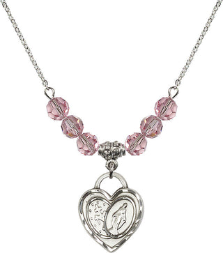 18" Rhodium Plated Necklace with 4mm Light Rose Crystal Beads featuring a Sterling Silver Miraculous Heart Medal.
