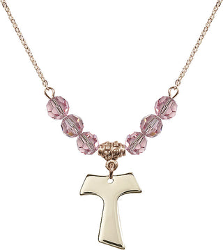 18" Hamilton Gold Plated Necklace with 4mm Light Rose Crystal Beads featuring a 14kt Gold Filled Tau Cross Medal.