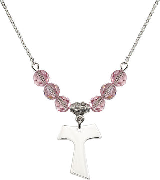 18" Rhodium Plated Necklace with 4mm Light Rose Crystal Beads featuring a Sterling Silver Tau Cross Medal.