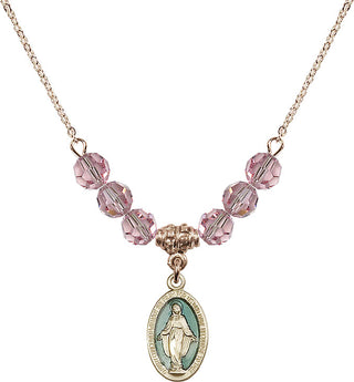 18" Hamilton Gold Plated Necklace with 4mm Light Rose Crystal Beads featuring a 14kt Gold Filled Miraculous Medal.