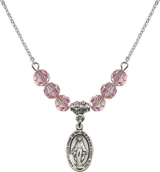18" Rhodium Plated Necklace with 4mm Light Rose Crystal Beads featuring a Sterling Silver Miraculous Medal.