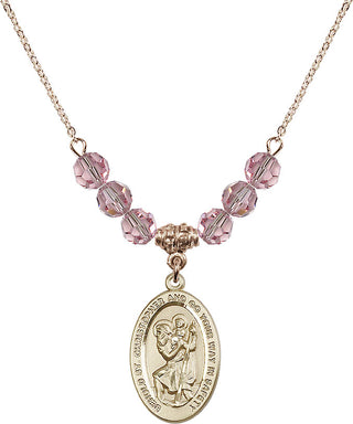 18" Hamilton Gold Plated Necklace with 4mm Light Rose Crystal Beads featuring a 14kt Gold Filled Saint Christopher Medal. Engraved Catholic Saint Jewelry