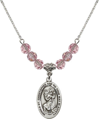 18" Rhodium Plated Necklace with 4mm Light Rose Crystal Beads featuring a Sterling Silver Saint Christopher Medal. Engraved Catholic Saint Jewelry
