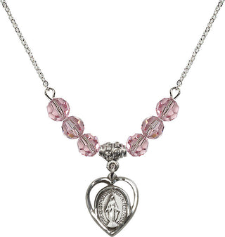 18" Rhodium Plated Necklace with 4mm Light Rose Crystal Beads featuring a Sterling Silver Miraculous Medal.